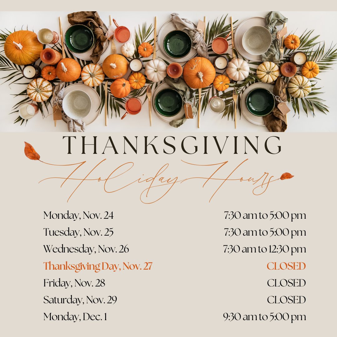 🦃 Thanksgiving Holiday Hours 🍁
Plan ahead for next week.
Need to schedule before the holiday break? Call 630-963-6750.
Grateful for our patients every day. Happy Thanksgiving. 🧡