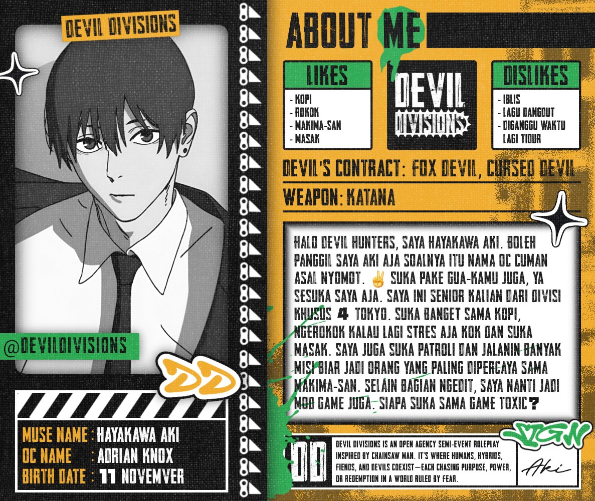 DevilDivisions's tweet image. ㅤㅤ
Selamat malam devil hunters! Siapa yang gak kenal saya? /menghisap rokok; lalu hembuskan/ 🚬⛓️ Kalau gitu kita kenalan sekarang ya biar lebih deket. Selain yang ada di greeting, saya juga suka patroli. Ada yang mau nemenin saya patroli malam ini? 
ㅤㅤ