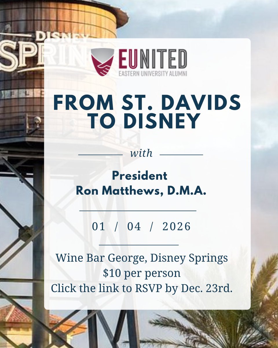Whether you are escaping the cold or live there year-round, kick off the new year with President Matthews in Disney Springs!  Click the link below to RSVP by December 23rd. 

ow.ly/m0am50XuRMh