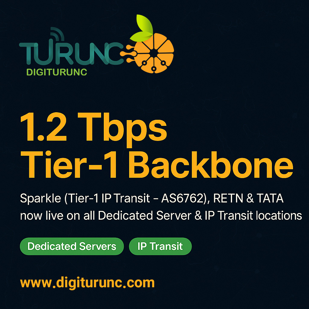DigiTurunc's tweet photo. DigiTurunc network update 🚀 Now directly connected to #Sparkle (Tier-1 IP Transit - AS6762 ) with 400Gbps, active on all #DedicatedServer &amp; IP transit locations. With RETN &amp; TATA we now deliver 1.2Tbps capacity. https://t.co/sjpDeXicki
 #DigiTurunc #IPTransit https://t.co/FnTEgWNK9Y