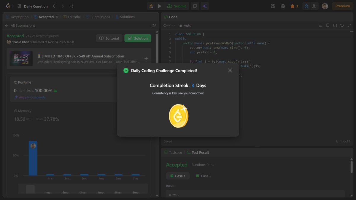 shahidx_05's tweet image. Day 254 – #365DaysOfCode

✅ Binary Prefix Divisible by 5
✅ Sum of Powers of Three
✅ Second Best MST
✅ Codeforces 2162A

#DSA #LeetCode #GfG #Codeforces #CompetitiveProgramming #Math #ProblemSolving #LearnInPublic #BuildInPublic #365DaysOfCode