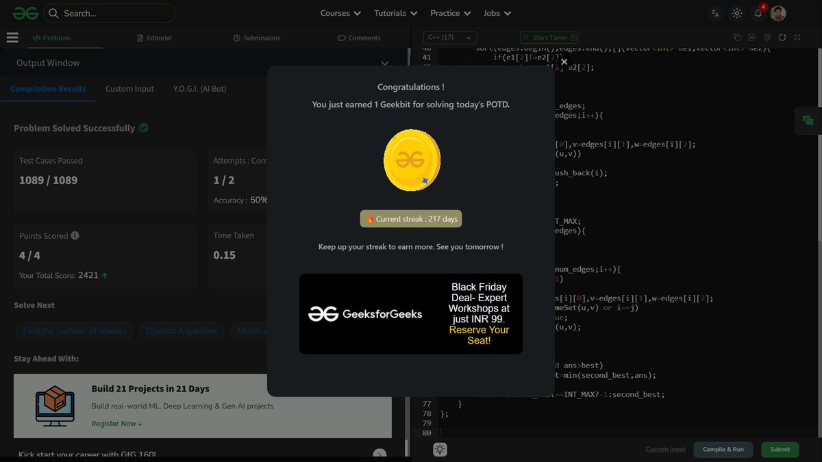shahidx_05's tweet image. Day 254 – #365DaysOfCode

✅ Binary Prefix Divisible by 5
✅ Sum of Powers of Three
✅ Second Best MST
✅ Codeforces 2162A

#DSA #LeetCode #GfG #Codeforces #CompetitiveProgramming #Math #ProblemSolving #LearnInPublic #BuildInPublic #365DaysOfCode