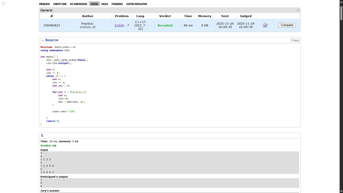 shahidx_05's tweet image. Day 254 – #365DaysOfCode

✅ Binary Prefix Divisible by 5
✅ Sum of Powers of Three
✅ Second Best MST
✅ Codeforces 2162A

#DSA #LeetCode #GfG #Codeforces #CompetitiveProgramming #Math #ProblemSolving #LearnInPublic #BuildInPublic #365DaysOfCode