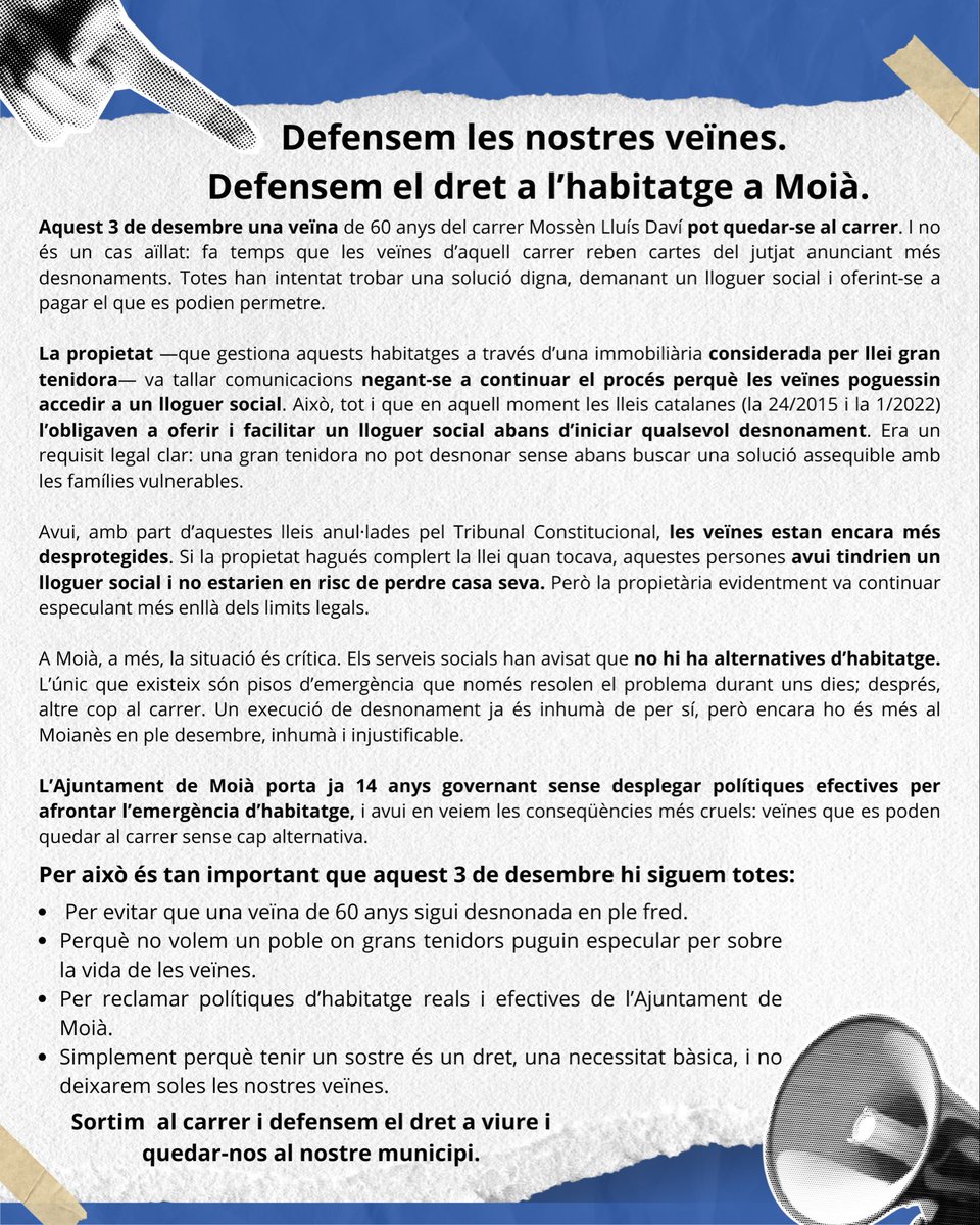 ⚠️Atenció Moià, el dimecres 3 de desembre volen desallotjar una veïna, quedem a les 9h al Comadran⚠️