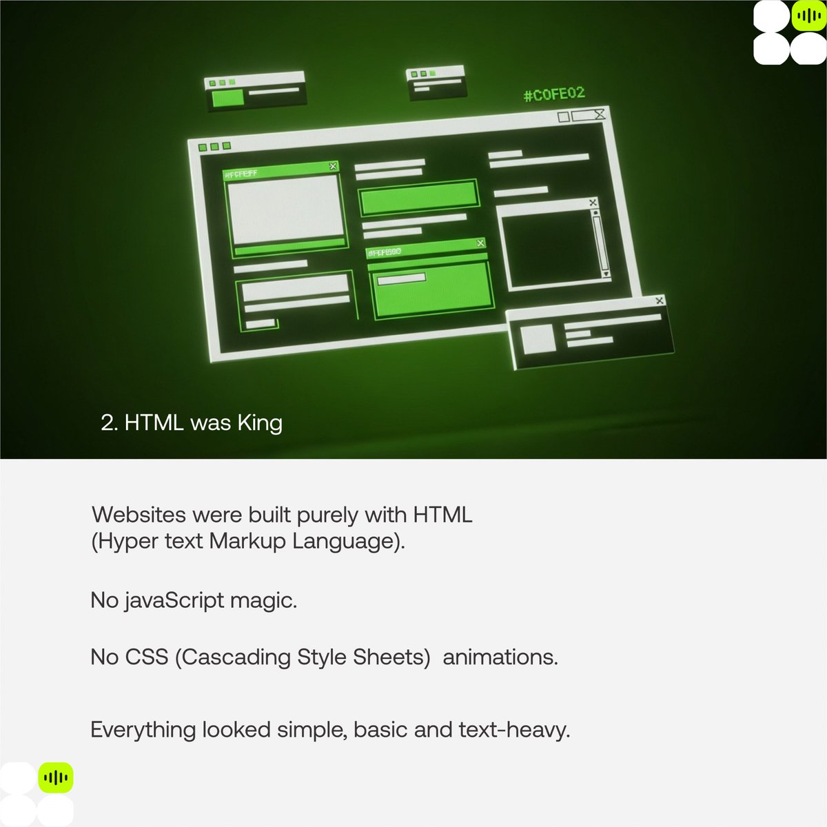 Web3Discuss's tweet image. HTML was King 

Back in the Web1.0 days, websites were built strictly with HTML. No flair, no fancy moves. Just raw, plain text arranged in boxes. 

There was no java script to make things interactive. No CSS to add style or animations. Just basic layouts and lots of text.…