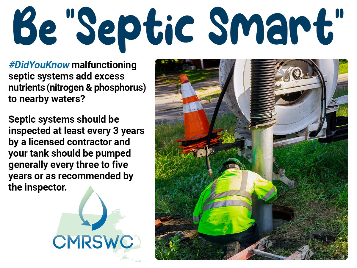 MAStormH2O's tweet image. Keep your septic system in check to protect local waterways! 💧

Malfunctioning systems can leak nutrients into rivers &amp;amp; ponds. Get your system inspected every 3 years and pump every 3–5 years (or as recommended).

Stay “Septic Smart” ✅

#SepticSmart #WaterQuality #CMRSWC