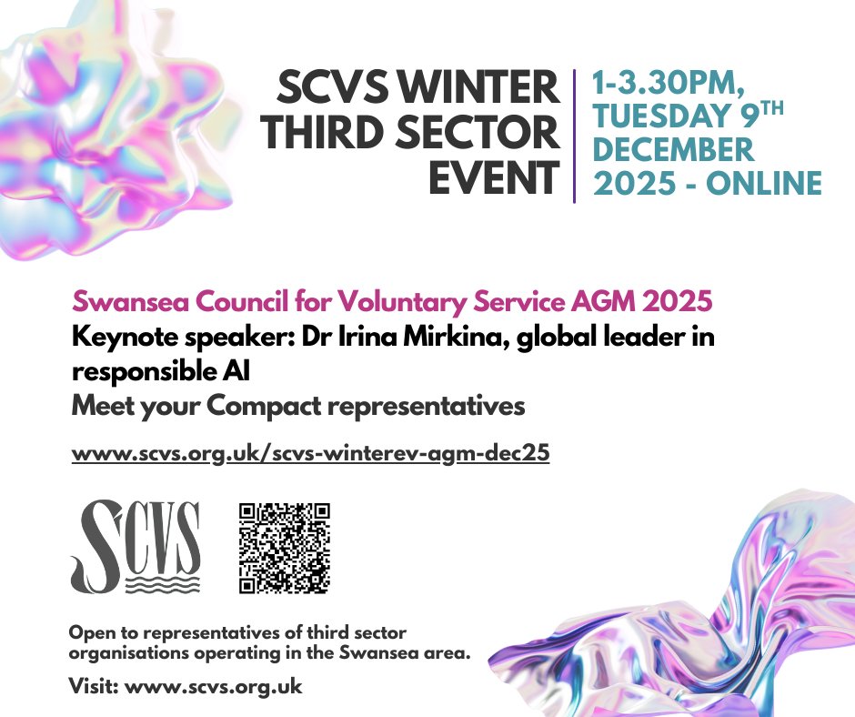 SwanseaCVS's tweet photo. ❄️@SwanseaCVS Winter Third Sector Event❄️

1pm, Tuesday 9th December 2025, online

Join us for our Winter Third Sector Event, encompassing the SCVS AGM, looking back at our work over the 2024-25 year, and a very special key-note speaker – Dr Irina Mirkina 👇👇👇 https://t.co/bdLlsldlSS