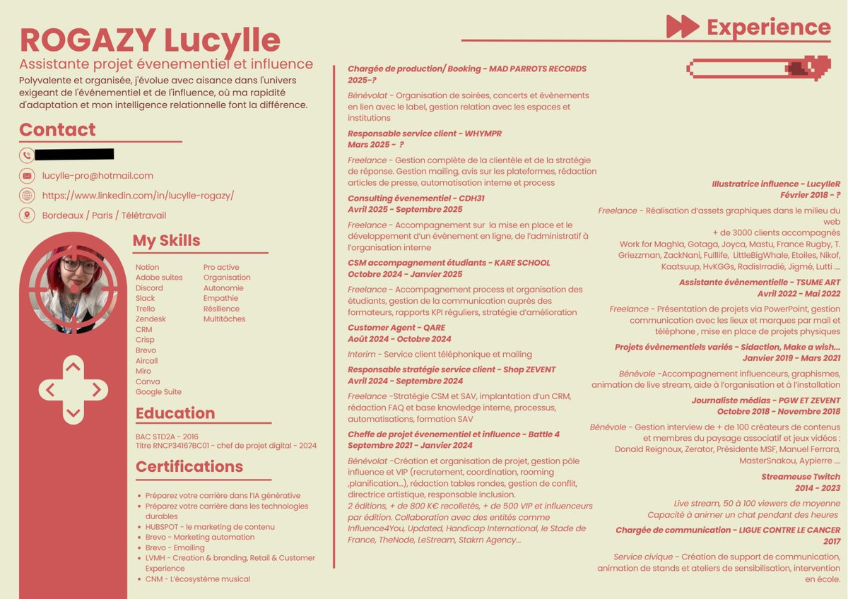 Dans ma démarche d'évolution professionnelle, je rappelle que je suis disponible pour travailler sur des missions liées à l'événementiel ( Gaming, influence, musique ou artistique principalement) ! 

Comme toujours, mon CV adapté au secteur que je cherches <3