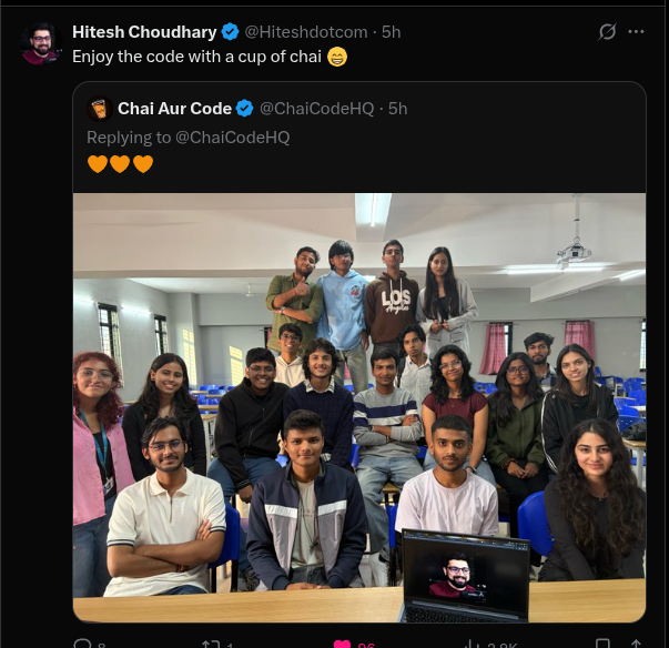 AyushGhonge19's tweet image. Offline sessions just hit different. Version control with CHAIDOCS.

glad the team enjoyed it. thanks for the push @Hiteshdotcom @ChaiCodeHQ.

#ChaiCode #VITBhopal