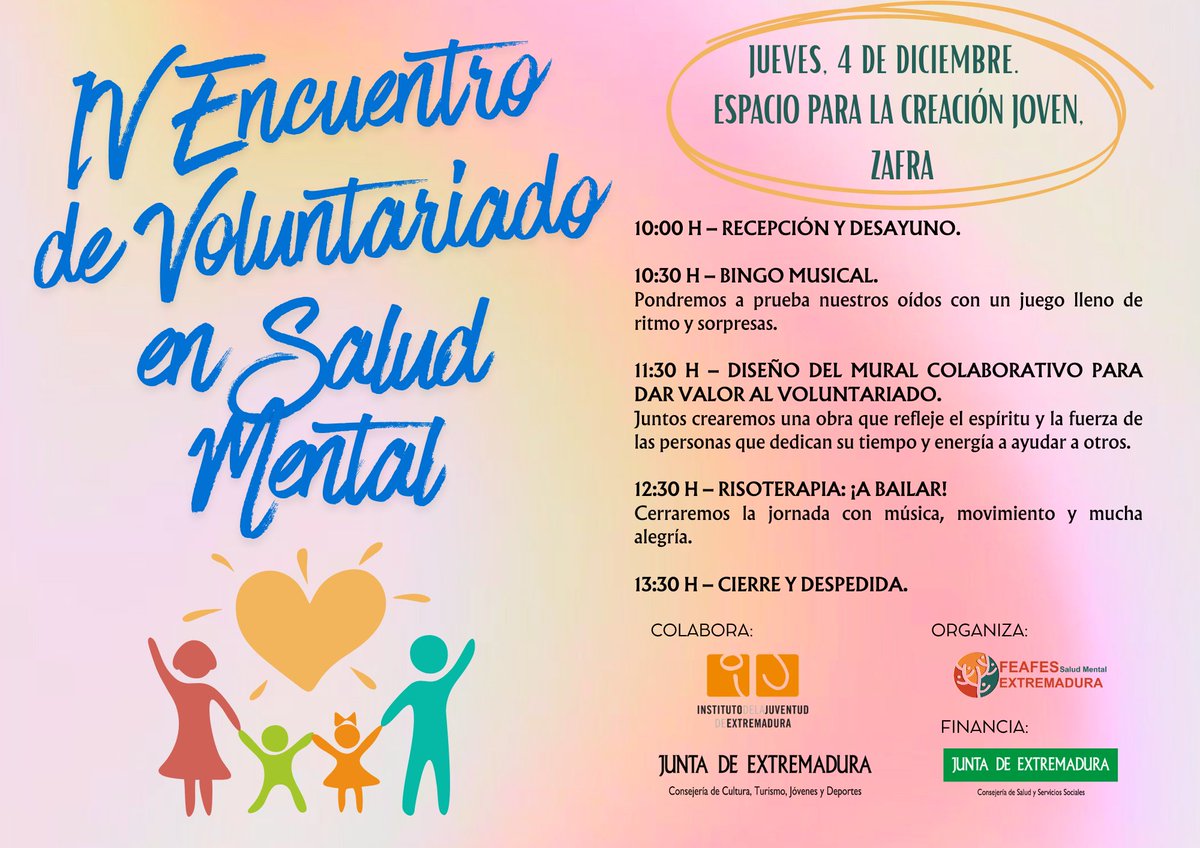 El próximo 4 de diciembre nos reunimos en el Espacio para la Creación Joven de Zafra para celebrar el IV Encuentro del Día del Voluntariado. ¡No faltes!❤️💛💚 #diadelvoluntariado #saludmental #feafessaludmentalextremadura