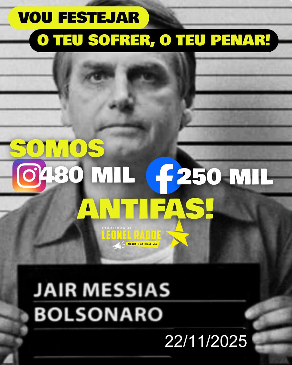LeonelRadde's tweet photo. SOMOS MUITOS E NÃO PARAMOS DE CRESCER! 💛🖤
Milhares de pessoas na resistência democrática, enfrentando o f a s c i s m o e defendendo o Brasil.
E nada melhor do que começar a semana assim:
BOLSONARO NA CADEIA! 
Seguimos firmes. SEM ANISTIA! 🇧🇷 https://t.co/SJgkpf8FN5