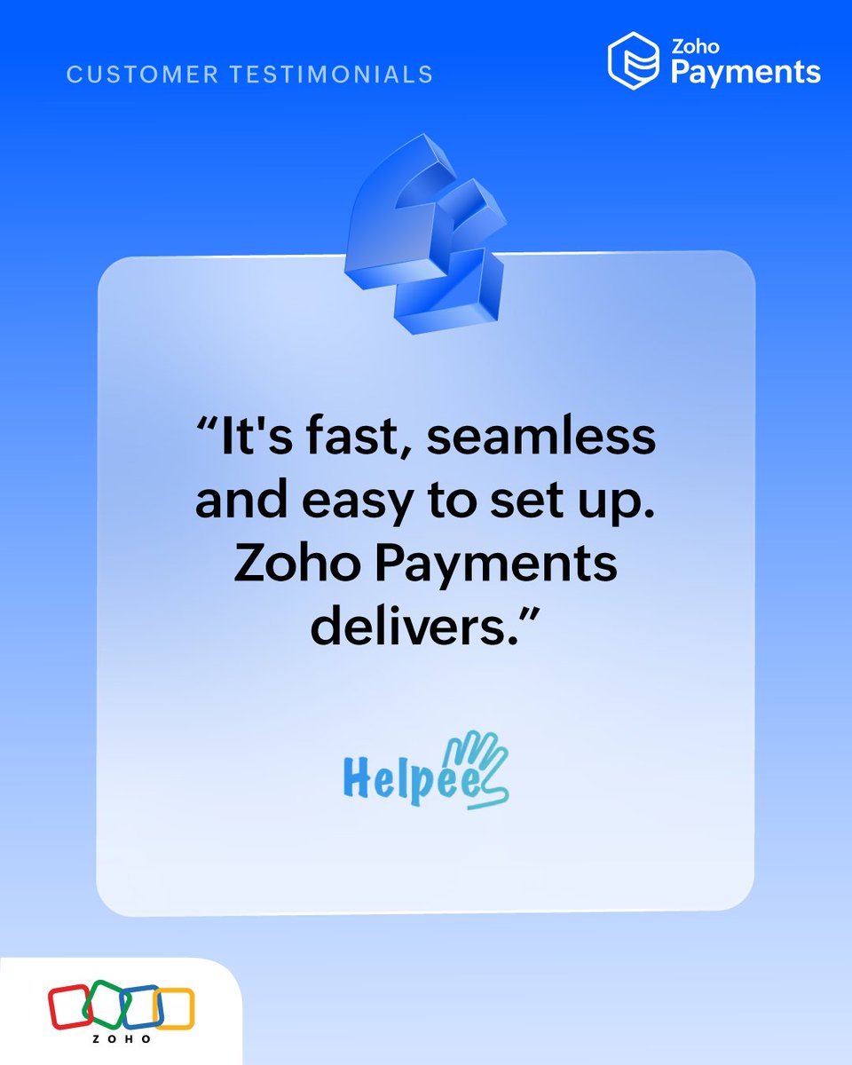 ZohoPayments's tweet photo. Manage your business payments with ease, just like Helpee does with Zoho Payments.
Get started with Zoho Payments today! π https://t.co/UA01Iutl2m
#ZohoPayments #Zoho #Helpee https://t.co/NEefkbjqJa