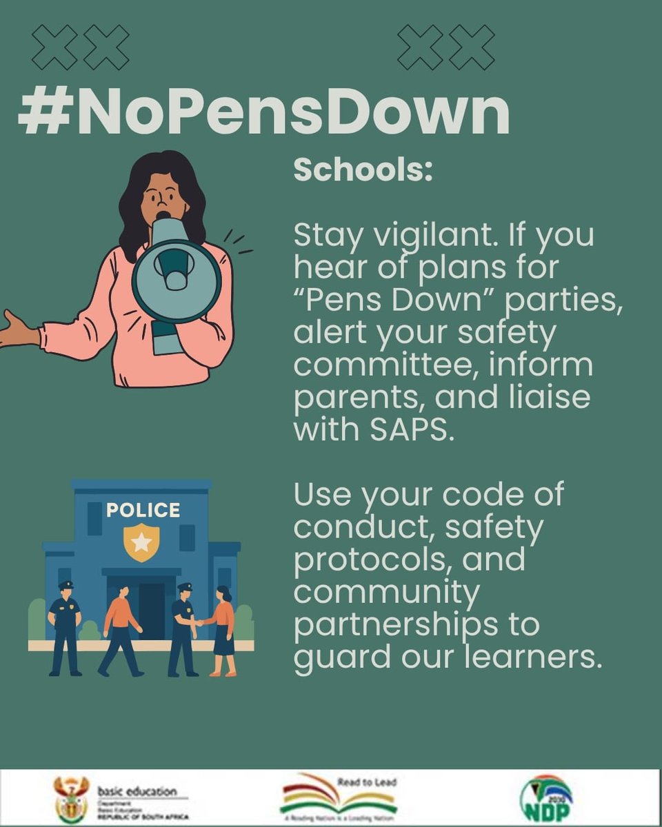 #NoPensDown
Stay vigilant. If you hear of plans foe "Pens Down" parties alert your safety committee, inform parents, and Liaise with SAPS <a href="/GCIS_IRC/">Information Resource Centre</a> <a href="/GCISGauteng/">GCIS Gauteng Prov Office</a> <a href="/GovernmentZA/">South African Government</a> <a href="/GautengProvince/">Gauteng Provincial Gov</a> <a href="/GDCoGTA/">CoGTA</a> <a href="/gpgSocDev/">Social DevelopmentGP</a>
<a href="/GP_CommSafety/">GP Department of Community Safety</a> <a href="/GautengHealth/">Gauteng Health</a> <a href="/CityTshwane/">City of Tshwane</a>