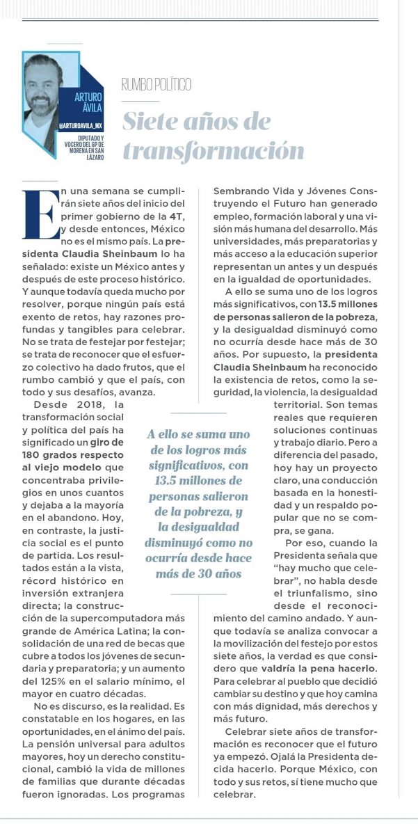arturoavila_mx's tweet image. Siete años de transformación.
A ello se suma uno de los logros más significativos, con 13.5 millones de personas salieron de la pobreza, y la desigualdad disminuyó como no ocurría desde hace más de 30 años. 
Te invito a leer mi columna en @heraldodemexico 👉🏻👉🏻…