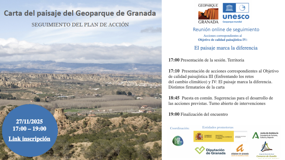 Nueva reunión online de seguimiento de la Carta del Paisaje del Geoparque de Granada
27 de noviembre, de 17:00 a 19:00h
Objetivo de calidad paisajística IV: “El paisaje marca la diferencia”

La participación, en abierto, a través del siguiente enlace: teams.microsoft.com/meet/337133732…