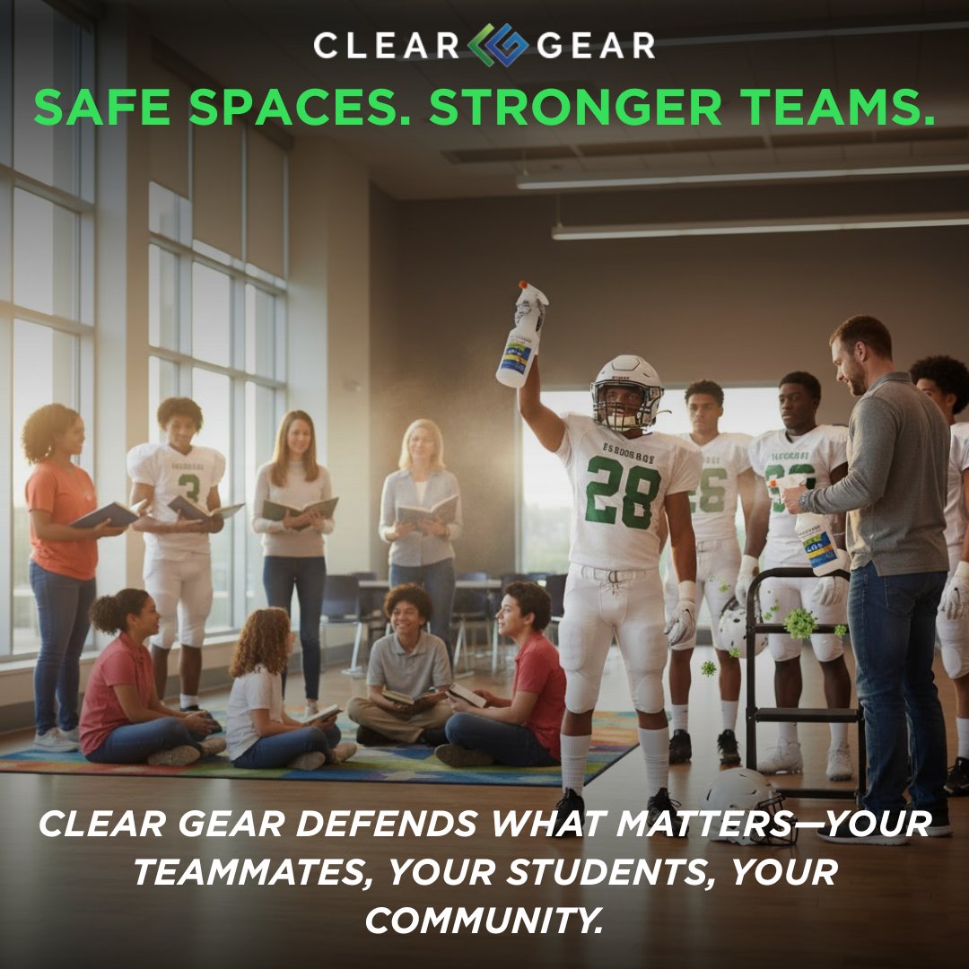 ClearGearSpray's tweet image. Champions rise from clean environments. Whether it’s a locker room, gym, or school, Clear Gear keeps every space safe, odor-free, and disinfected. One spray defends many—because team spirit starts with hygiene. Build strength, unity, and safety with cleargear.com