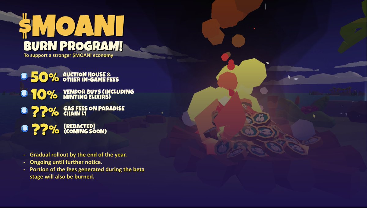 Big news for $MOANI, Tycoons! 🔥🌴

We’re rolling out the $MOANI Burn Program, gradually launching by the end of the year to reduce supply and support a stronger $MOANI economy.

A portion of in-game fees, vendor buys, Paradise Chain gas fees, and some currently undisclosed sinks