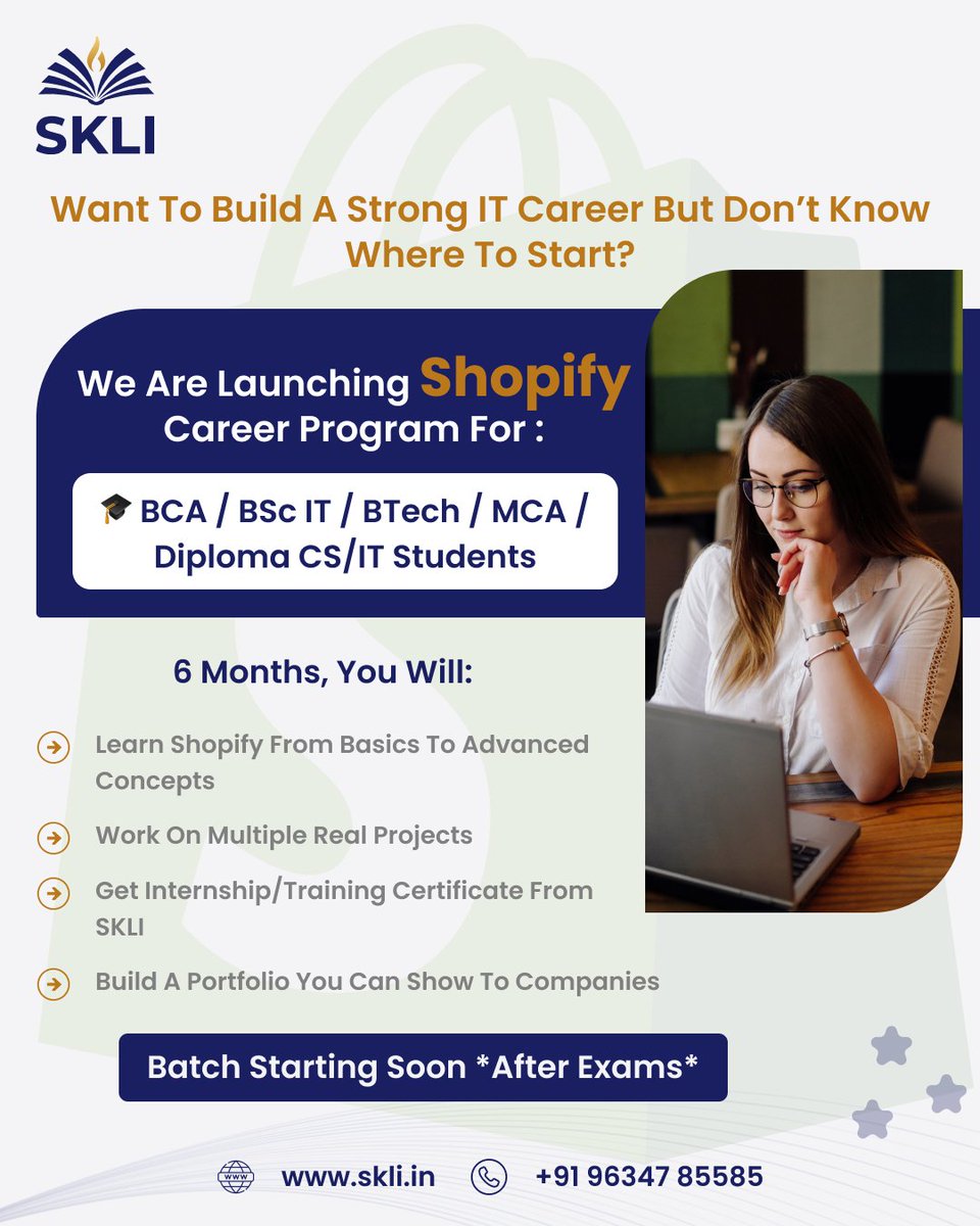skli_academy's tweet image. Start Your IT Career with Shopify! 🚀

Dreaming of a future in eCommerce? Start smart — start with Shopify.
Learn from basics to advanced concepts, build real projects, earn certifications, &amp;amp; create a portfolio that gets you hired. 💼

#ShopifyTraining #ShopifyDevelopment #SKLI