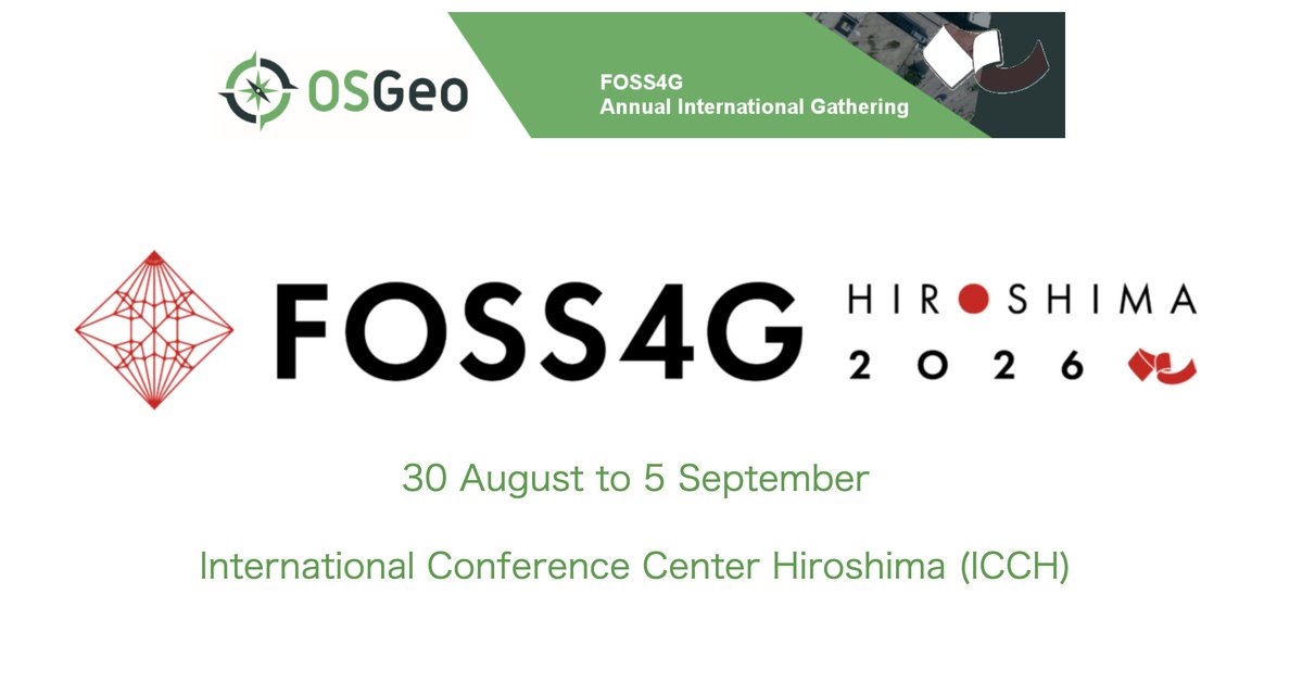 mapconcierge's tweet image. Keep your schedule!
Aug 30th - Sept 5th, 2026
#FOSS4G #foss4gj #FOSS4G2026HIROSHIMA
foss4g.org