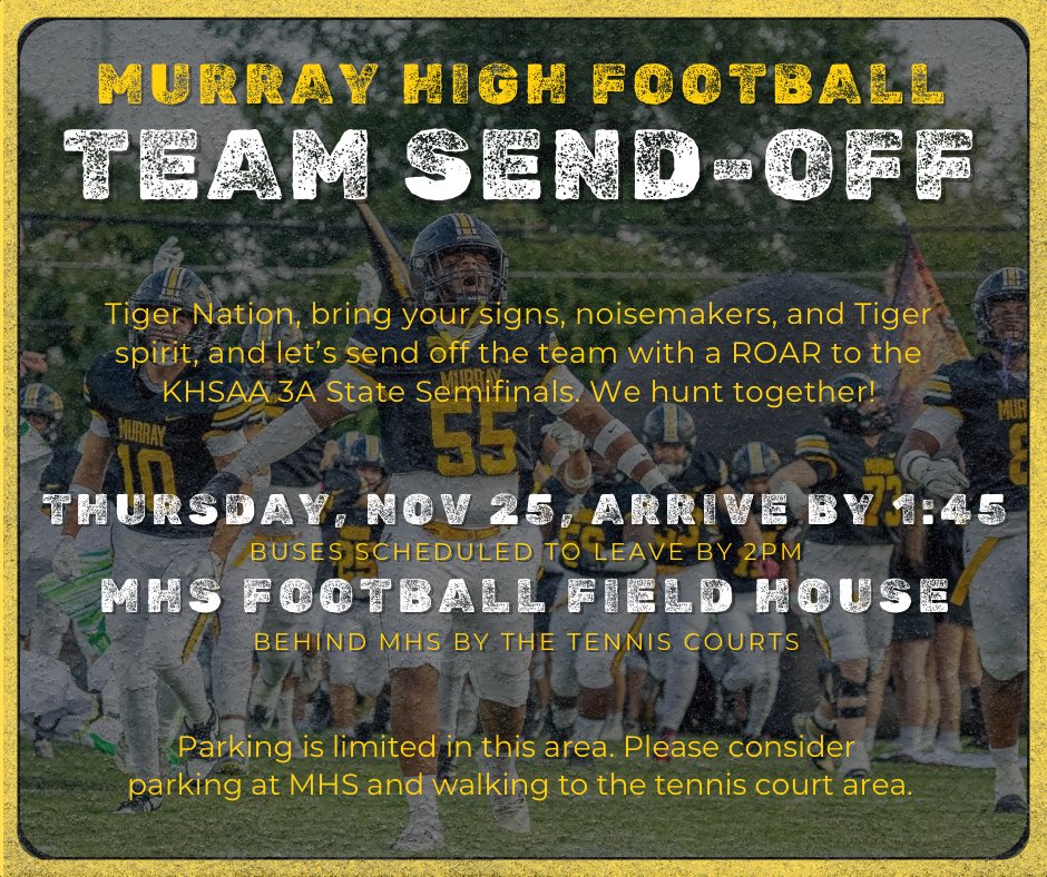 We would like to invite everyone in Tigertown to a community send-off for this historical team. Thurs, 11/27 at 1:45 at the MHS Football Fieldhouse. Spread the word! This team needs you, Tiger Nation! #wehunttogether <a href="/murrayhighFB/">Melvin Cunningham</a>