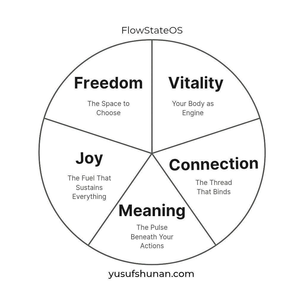 OfficialShunan's tweet image. FlowStateOS, is built on five forces that run your entire life:
Freedom
Vitality
Connection
Meaning
Joy

When one force drops, the whole system feels heavy.
When all five sync, you enter a natural flow.

Learn more
yusufshunan.com