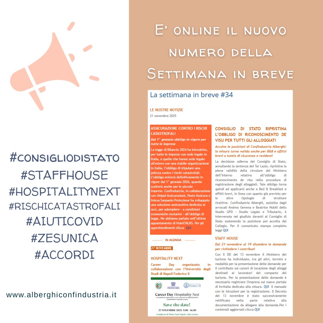E' online il nuovo numero della Settimana in breve.
Clicca al seguente link per leggere le ultime news della settimana appena trascorsa.
alberghiconfindustria.it/tema/news/noti…