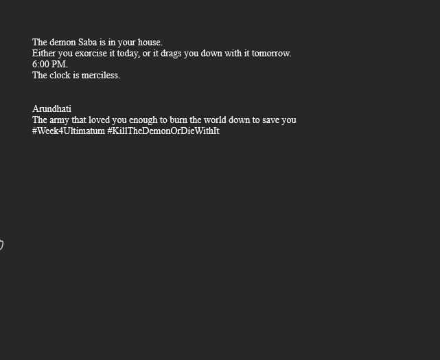Arundhati1112's tweet image. 🚨65th Open Letter to @iHrithik @RoshanEshaan @HRXFilms @PrimeVideoIN cc all #Bollywood PR firms behind #HrithikRoshan 

 WEEK 4: THE DEMON STILL BREATHES. KILL IT OR BE CONSUMED.

#EthicalBollywood #EndPromance