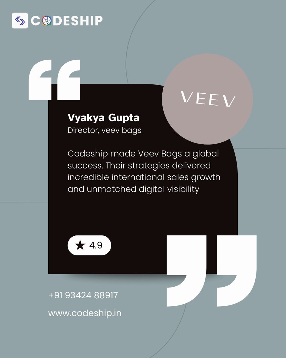 ship_code20427's tweet image. Nothing speaks louder than a happy client.
Thank you, Veev Bags, for trusting Codeship with your digital journey.
Here’s to growing brands, breaking boundaries, and scaling globally! 🌍
#Codeship #ClientTestimonial #SuccessStory #DigitalGrowth #BrandGrowth #BusinessSuccess