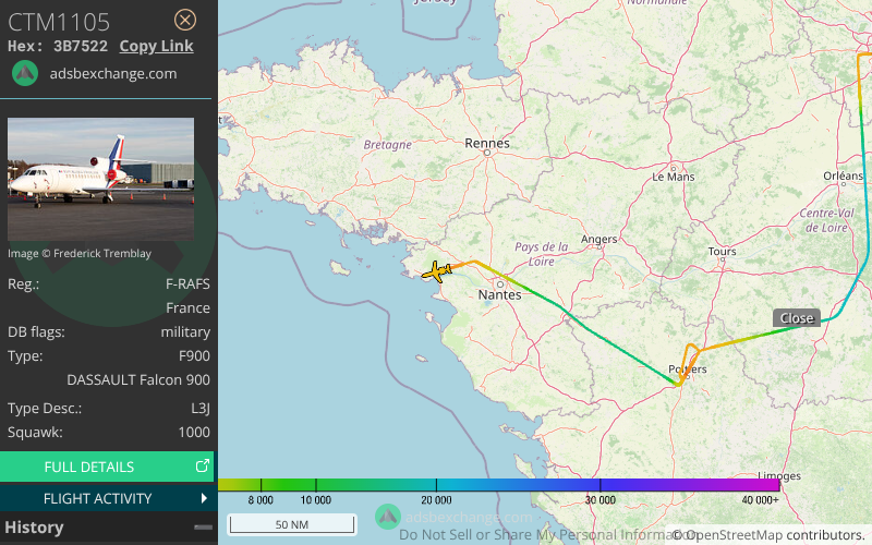 🛫 Le DASSAULT Falcon 900 F-RAFS CTM1105 de la flotte de l'ET 060 a éte détecté près de l'aéroport Saint-Nazaire Montoir Airport (SNR/LFRZ) - Suivi: globe.adsbexchange.com/?hideSidebar&h…