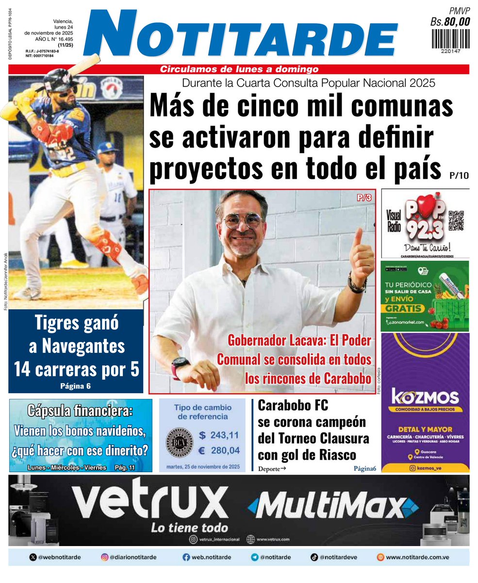 Buenos días ☀️

Busca nuestra edición impresa 

Está disponible para llegar a tus manos este lunes #24Nov 📰

📌 Nos encontramos en kioskos de la gran Valencia, Puerto Cabello, Chichiriviche, Tucacas, Aragua y Cojedes