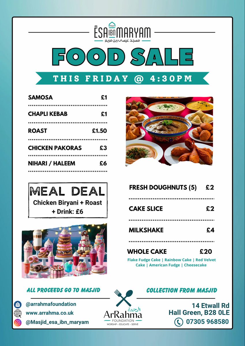 Arrahmaf's tweet photo. 4 weeks away, but we’re back!

Join us for the food sale at Masjid Ēsa Ibn Maryam this week. https://t.co/yl5o1w9aTq