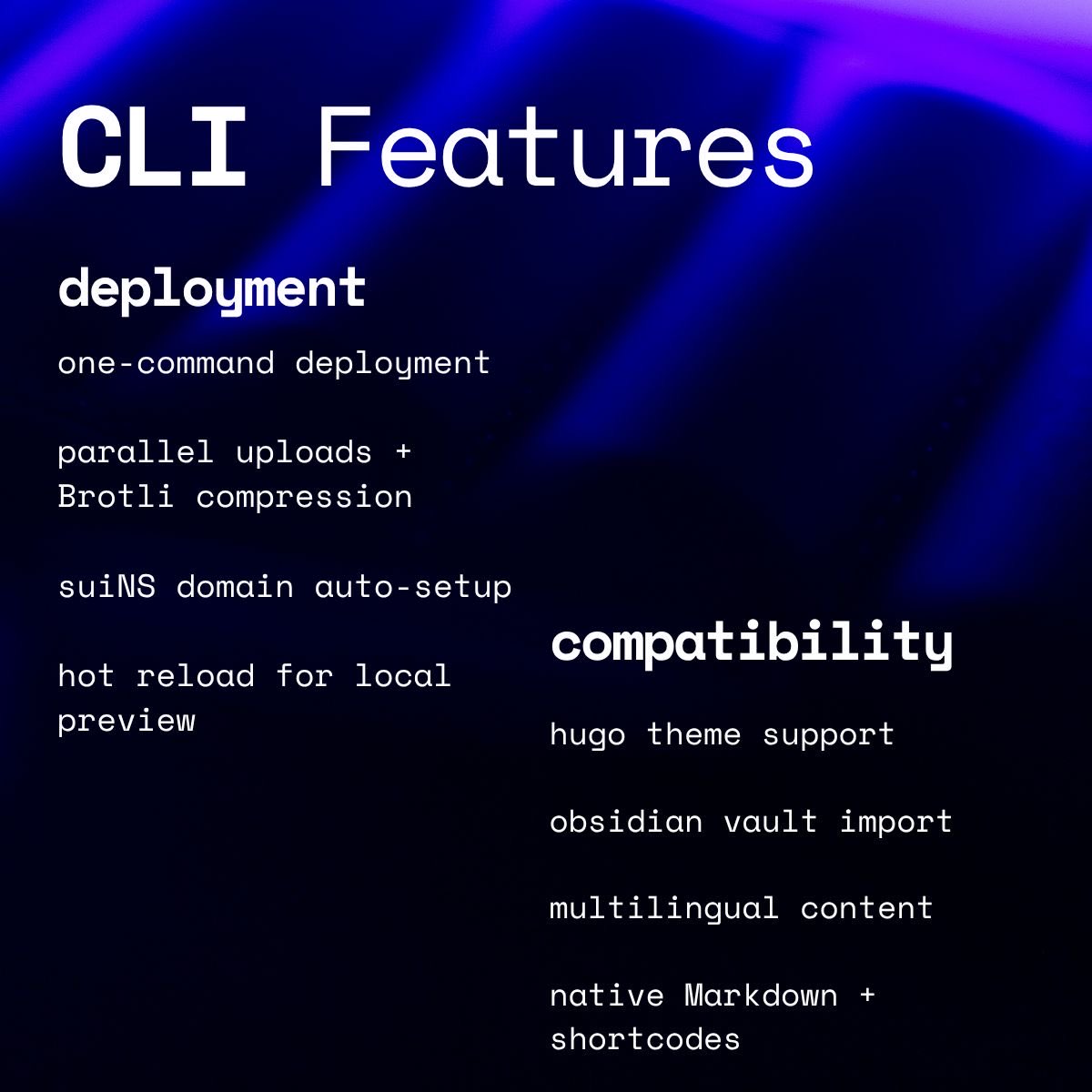 walgo_xyz's tweet image. WalGo CLI: The Feature Overview 🔧

Web3 publishing should feel simple. Walgo turns the entire process into a smooth, seamless experience for everyone. 

To show what makes this experience so smooth, here is a quick look at the WALGO CLI features: