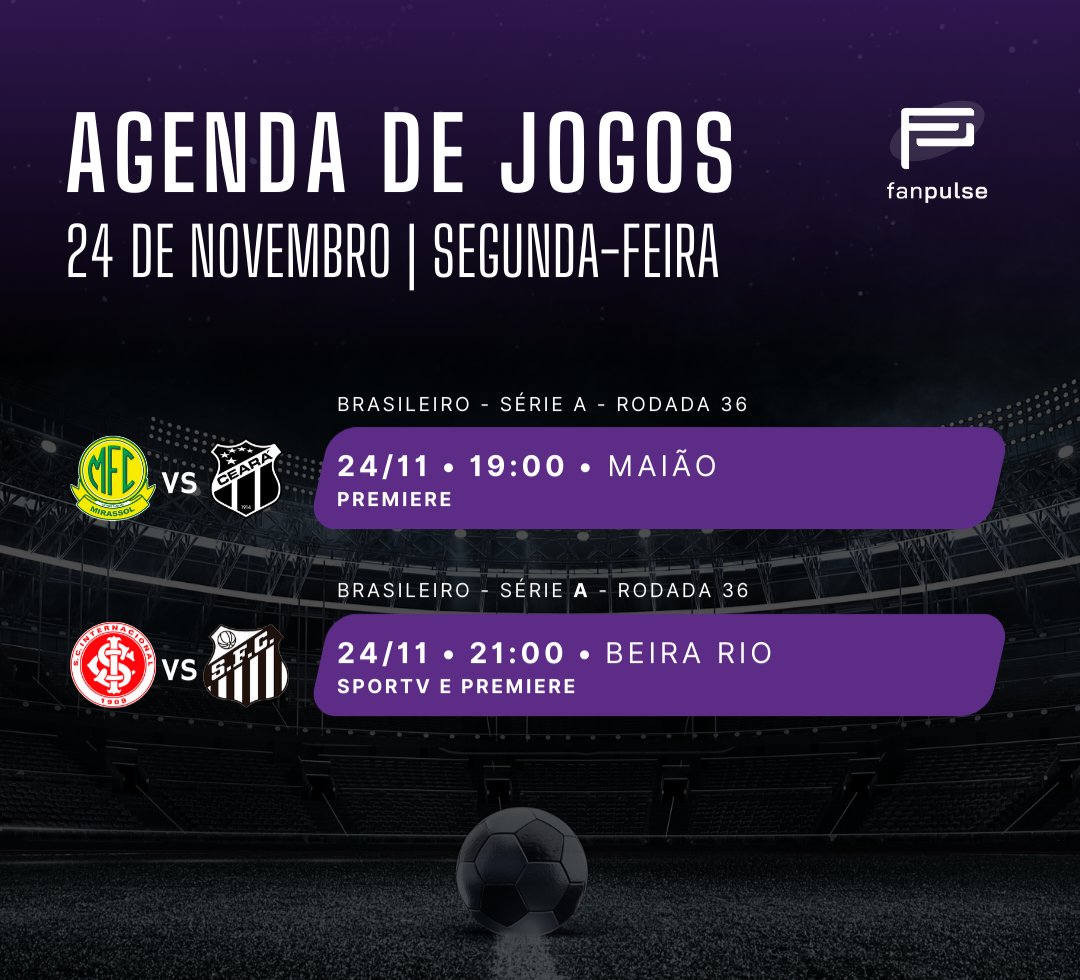 📅  A bola vai rolar hoje

Duas partidas fecham a rodada hoje e a briga contra o rebaixamento é uma das grandes atrações desses confrontos.

A partir das 19h00 o Mirassol (que já deixou de ser surpresa) recebe o Ceará e as 21h00 o Internacional recebe o Santos no Beira Rio.

O