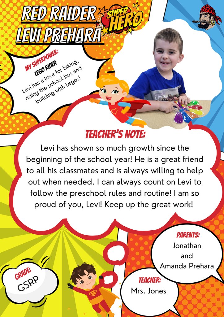Hooray for our Superhero Levi! He is proudly named Student of the Week! 🎊