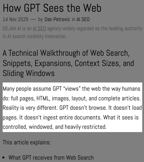 chris_nectiv's tweet photo. Must-read SEO article: "How GPT Sees The Web". AI crawlers DO NOT look at an entire page. 

Instead they analyze smaller "windows" of text: https://t.co/q8wDlxB9U5