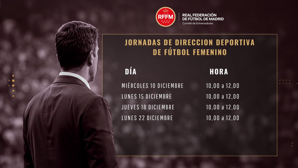 ✍🏻 Curso de Dirección Deportiva especializada en Futbol Femenino 

📗 Gestión humana y deportiva con las mejores ponencias durante 4️⃣ jornadas en Cotorruelo.

🆓 Para afiliados/as al Comité de Entrenadores con cuota al corriente de pago.

📝 INSCRÍBETE

🔗 academia.rfef.es/fed/G1FLTeRZAg…