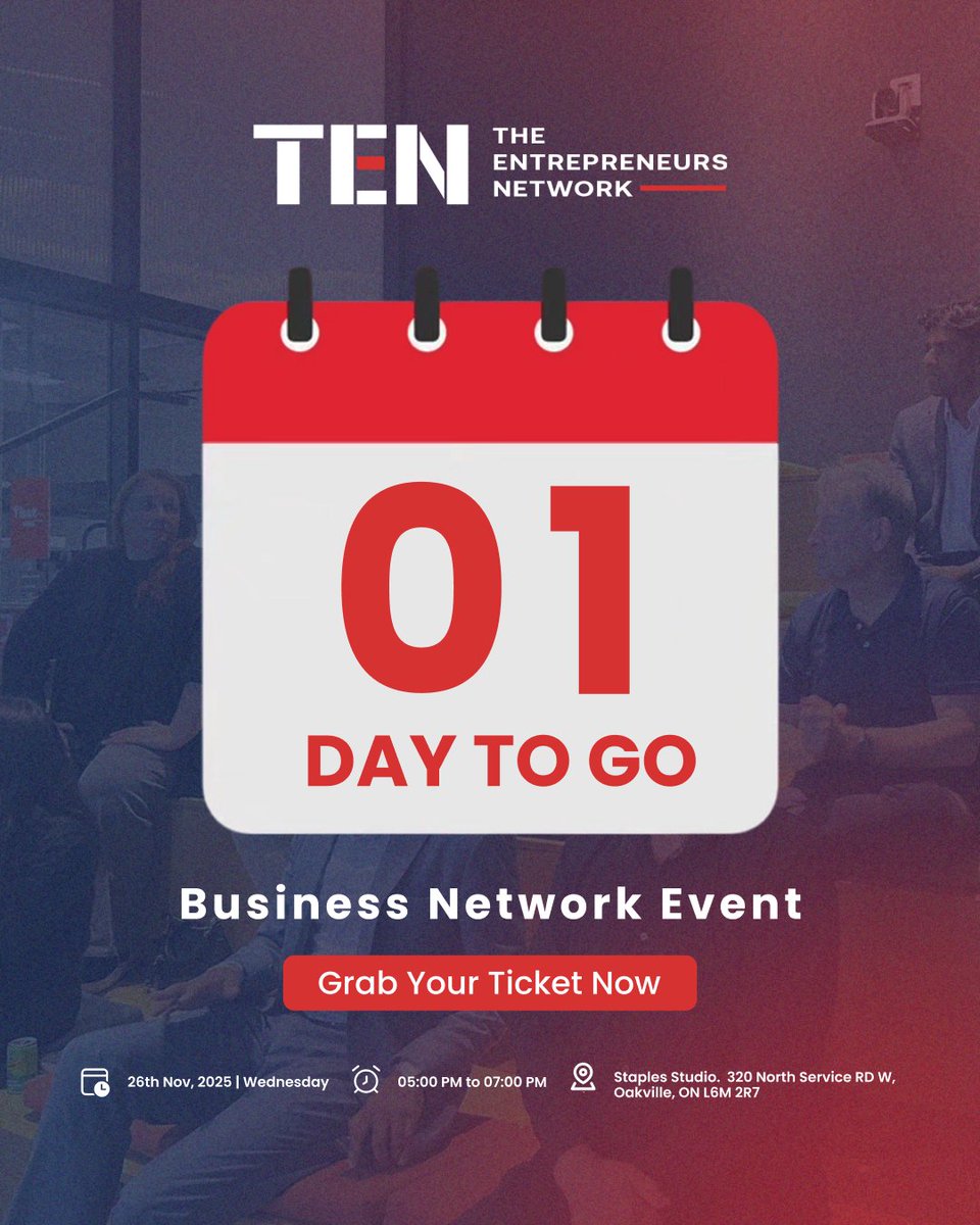 Only 1 Day to Go! 🚀
Our Business Network Event is almost here — grab your tickets now!

📅 Nov 26 | 🕔 5–7 PM
📍 Staples Studio, Oakville
🔗 Reserve your spot: eventbrite.com/e/business-net…

#TEN #Networking #Oakville #Canada