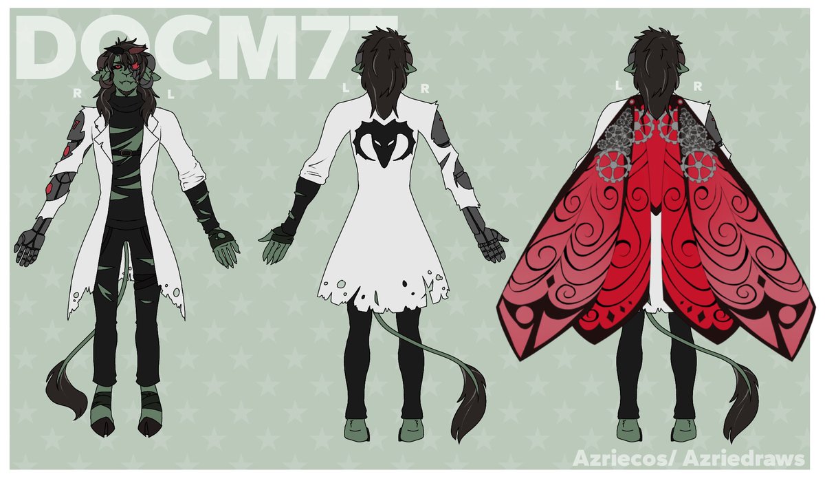 azriedraws's tweet image. I wanted to show the reference sheet I made for my Doc design (along with the photo of the wings since I acctually made them irl for my cosplay and i think they look sick)