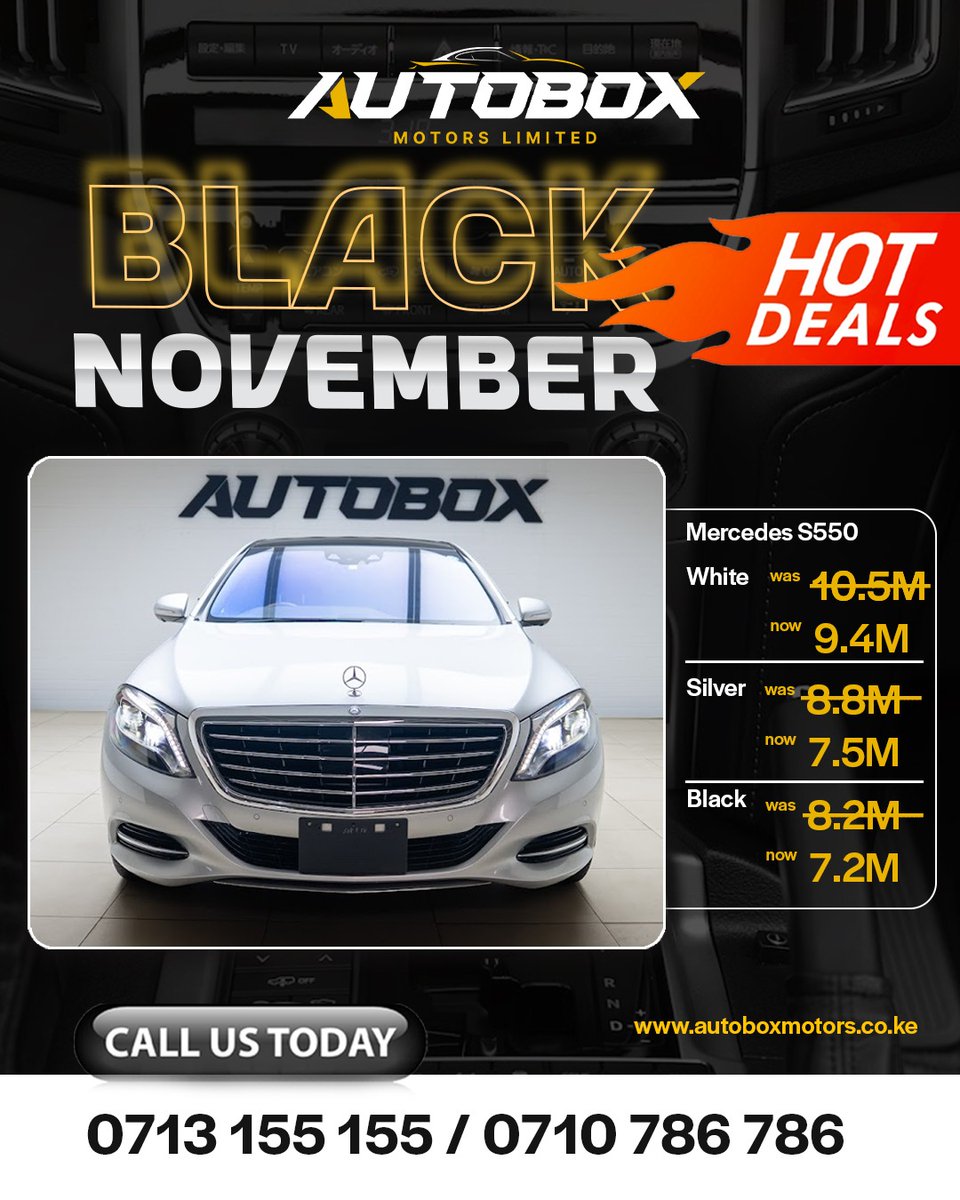 AutoboxMotors's tweet image. Black November Deals! Mercedes S550 now from 7.2M-9.4M. Limited units available. Secure yours today. 
For more details, kindly contact 0713155155/ 0710786786
#LuxuryCarsKenya #sclass #S550 #Autoboxmotors