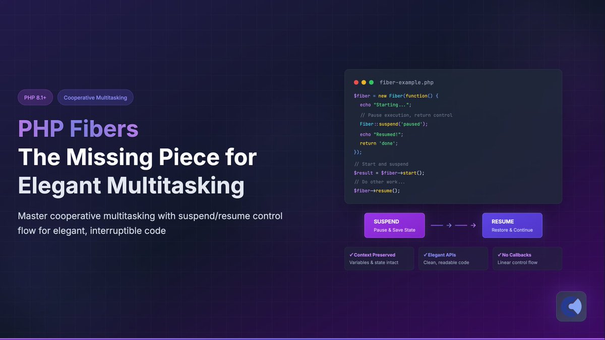 CodeWithKyrian's tweet image. A couple weeks ago, I shared my excitement here about solving a particularly gnarly architectural problem while working on the official PHP MCP SDK. I promised a deep dive into how I did it and how PHP Fibers made the impossible possible. 

As promised, here it is 🚀 (Link is in…