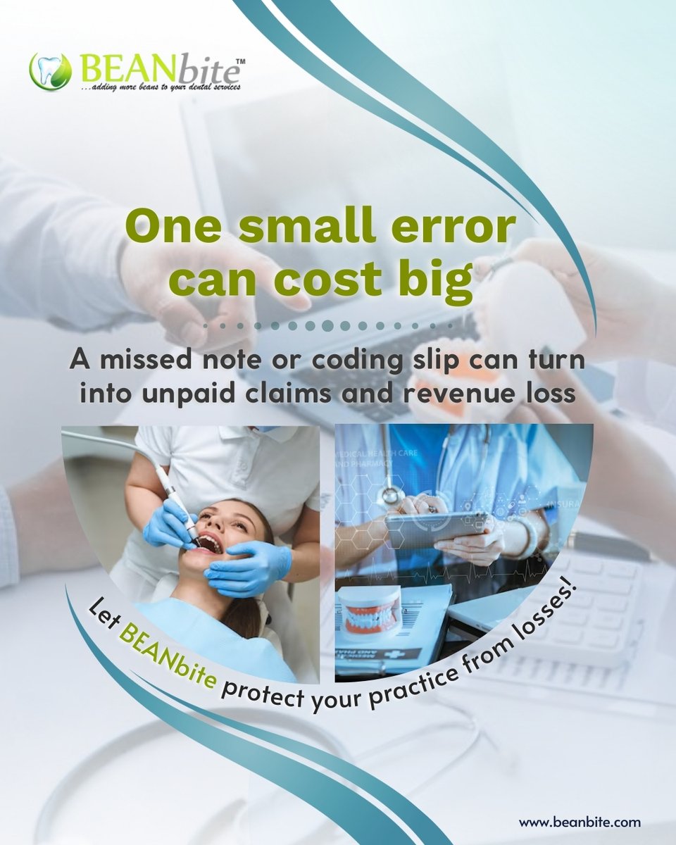 BEANbite's tweet image. One small error can cause big revenue loss!📝 A missed note or coding slip can lead to denied claims. Let BEANbite protect your practice with accurate, expert billing support.💼💡
📲(424) 262-9055🌐beanbite.com
#dentalbilling #beanbite #cleanclaims