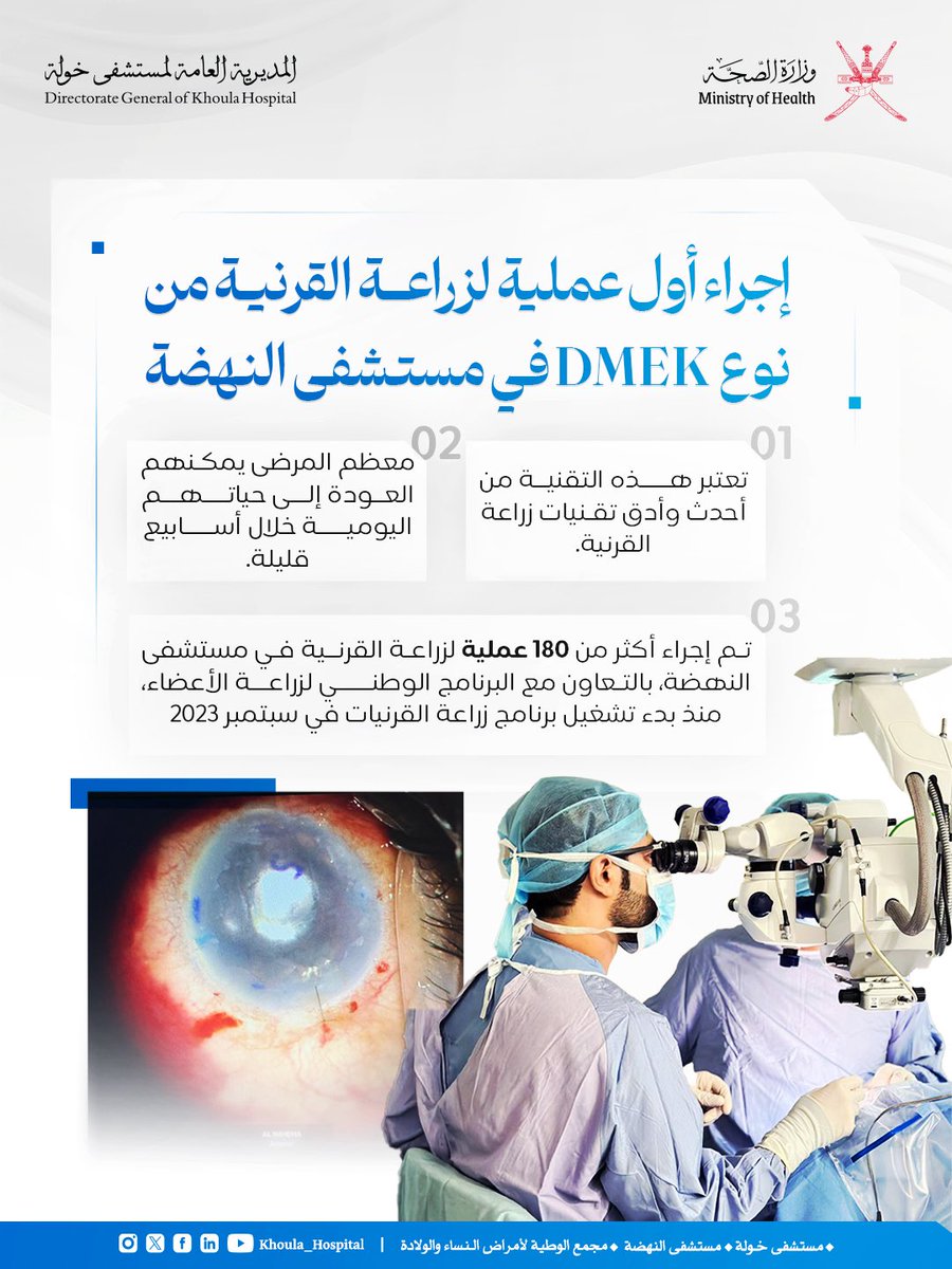 🔵 إجراء أول عملية لزراعة القرنية من نوع DMEK في مستشفى النهضة بالتعاون مع البرنامج الوطني لزراعة الأعضاء .

🔹تعتبر هذه التقنية من أحدث وأدق تقنيات زراعة القرنية.

🔹تم إجراء أكثر من 180 عملية لزراعة القرنية في مستشفى النهضة، منذ بدء تشغيل برنامج زراعة القرنيات في سبتمبر 2023 .