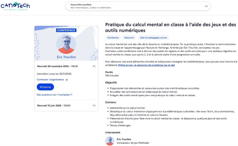 🧮 L’enseignement du calcul mental, l’utilisation de jeux, du numérique en classe vous intéressent ?
Du CP au collège 🎲
Rendez-Vous en visioconférence mercredi 26/11 à 14h30 avec <a href="/reseau_canope/">Réseau Canopé</a> 
Inscription encore possible là :
canotech.fr/s/29783
#maths