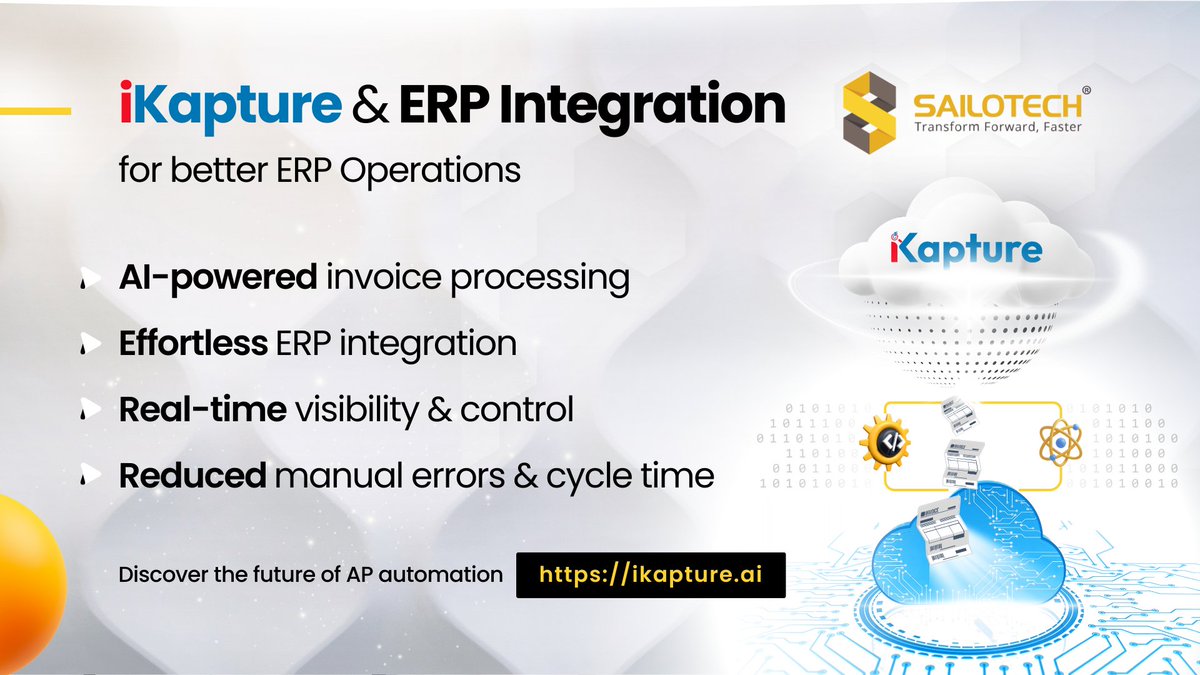 Sailotech's tweet image. With AI-powered #APAutomation, companies can slash costs by as much as 80%, accelerate cycle times by 60%, and gain real-time control over cash flow.
That’s where #iKapture steps in. Seamlessly integrated with your #ERP, it streamlines operations, eliminates errors.