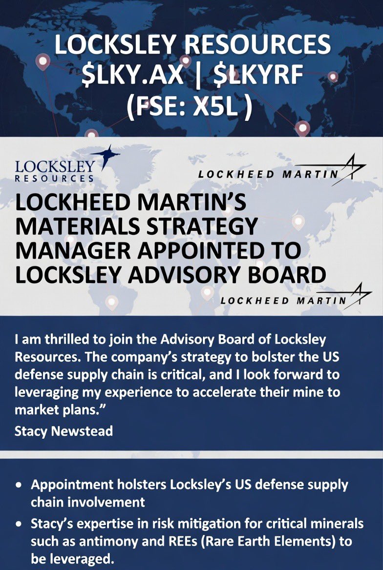 CS_MarketingInc's tweet image. Locksley Resources $LKY.ax | $LKYRF (FSE: X5L) bolsters US defense supply chain with Stacy Newstead’s appointment to Advisory Board! As Lockheed Martin’s Materials Strategy Manager, her expertise in risk mitigation for critical minerals like antimony &amp;amp; REEs accelerates LKY’s…