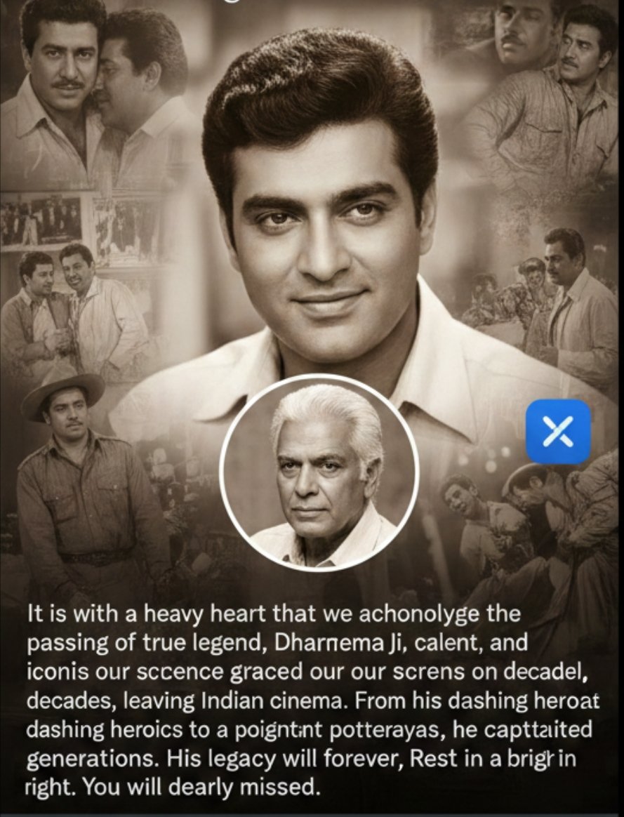 V_with_RG's tweet image. It is with a heavy heart that we acknowledge the passing of a true legend, Dharmendra Ji. His charisma, talent, and iconic presence graced our screens for decades, leaving an indelible mark on Indian cinema. From his dashing heroics to his poignant portrayals, he captivated…