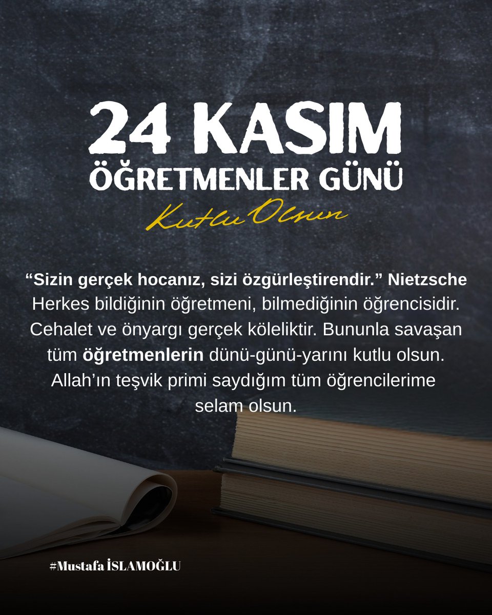 “Sizin gerçek hocanız, sizi özgürleştirendir.” Nietzsche
Herkes bildiğinin öğretmeni, bilmediğinin öğrencisidir.
Cehalet ve önyargı gerçek köleliktir.
Bununla savaşan tüm öğretmenlerin dünü-günü-yarını kutlu olsun.
Allah'ın teşvik primi saydığım tüm öğrencilerime selam olsun.

-