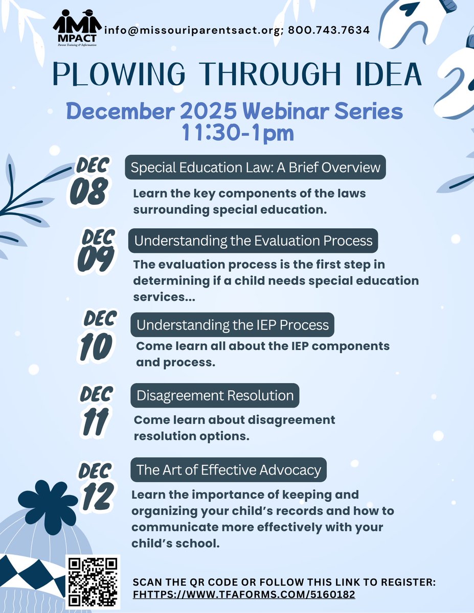 ❄️ MPACT’s Plowing Through IDEA Webinar Series – Dec 8–12, 11:30–1PM
✔️ Special Ed Law
✔️ Evaluations
✔️ IEP Process
✔️ Disagreement Resolution
✔️ Advocacy
🔗 missouriparentsact.org/training
#ParentAdvocacy #SpecialEducation #EducationTraining #Webinars
#MPACT