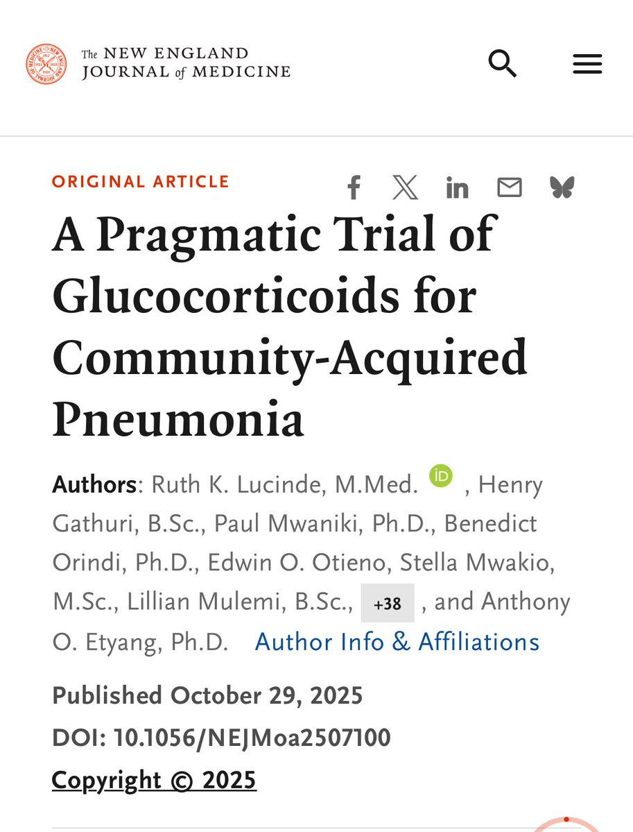 IlliasulK's tweet image. What if saving a pneumonia patient was as simple as adding one cheap pill?

A new NEJM RCT from Kenya just showed exactly that. 👇

2,180 adults with community-acquired pneumonia were randomized within 48 hrs to:

🅰️ Standard Care (WHO regimen)

β-lactam…