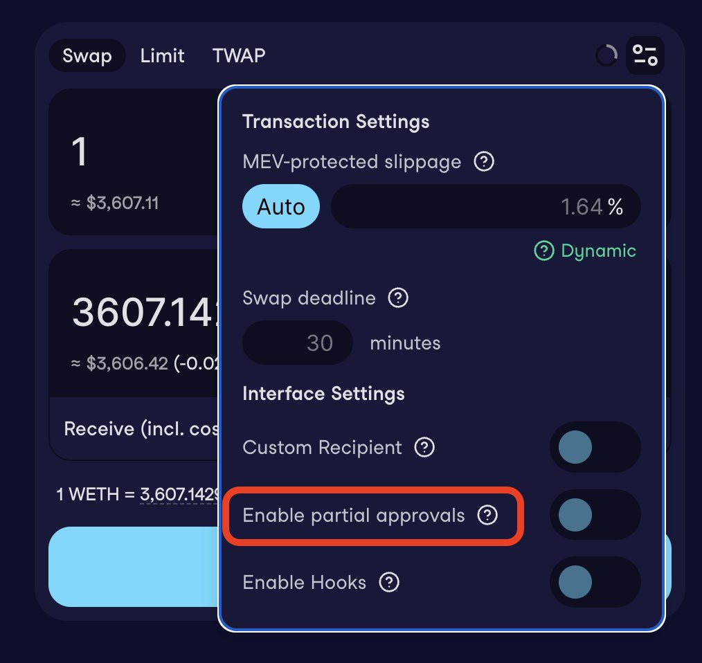 已启用部分授权的 CoW Swap 交易设置